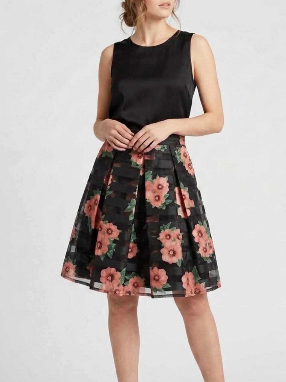 Floral A-Line Flowy Skirt Lined with Sheer Stripes by British Brand Apricot